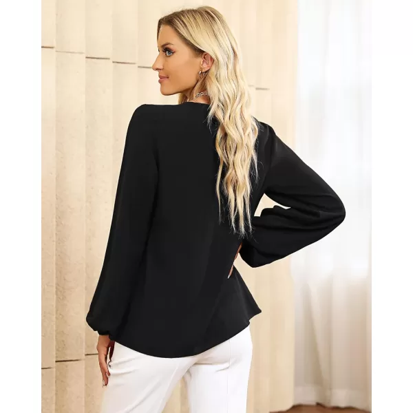 GRAPENT Womens Business Causal Tops for Women Ladies Work Blouses Dressy Long Sleeve Pleated V NeckBlack