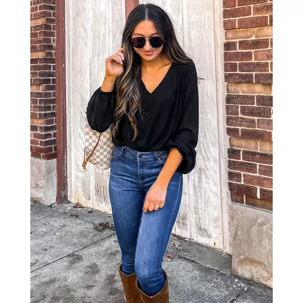 GRAPENT Womens Business Causal Tops for Women Ladies Work Blouses Dressy Long Sleeve Pleated V NeckBlack