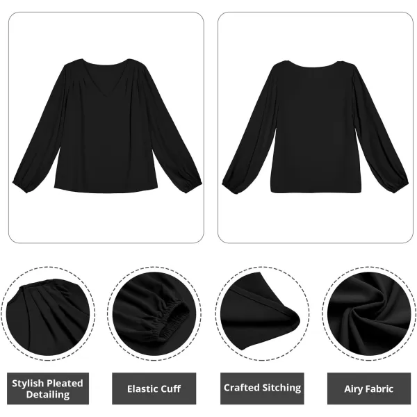 GRAPENT Womens Business Causal Tops for Women Ladies Work Blouses Dressy Long Sleeve Pleated V NeckBlack