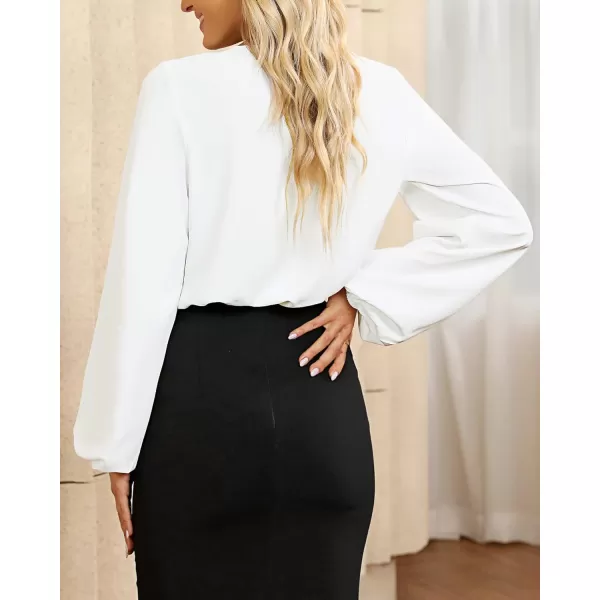 GRAPENT Womens Business Causal Tops for Women Ladies Work Blouses Dressy Long Sleeve Pleated V NeckBright White