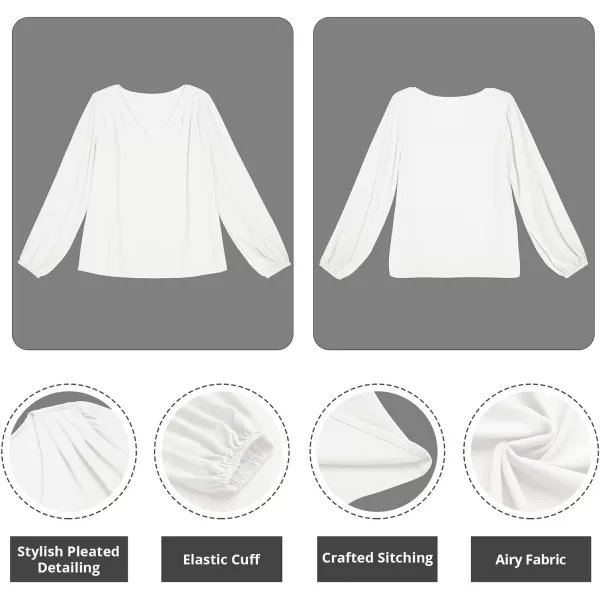 GRAPENT Womens Business Causal Tops for Women Ladies Work Blouses Dressy Long Sleeve Pleated V NeckBright White