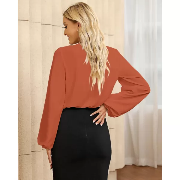 GRAPENT Womens Business Causal Tops for Women Ladies Work Blouses Dressy Long Sleeve Pleated V NeckBurnt Orange