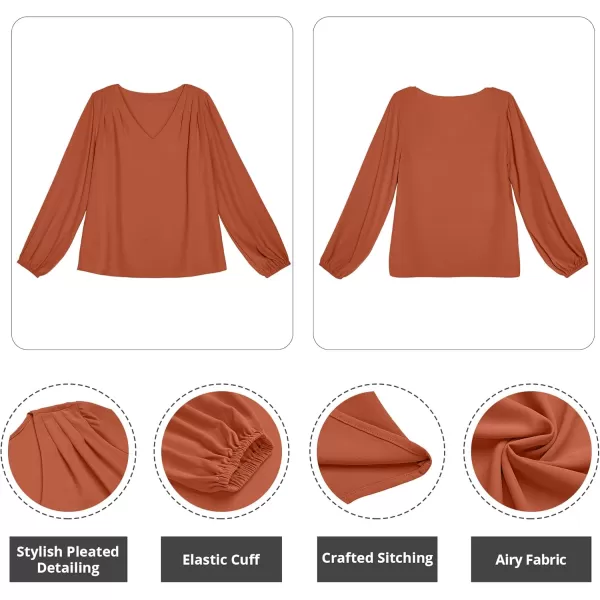GRAPENT Womens Business Causal Tops for Women Ladies Work Blouses Dressy Long Sleeve Pleated V NeckBurnt Orange