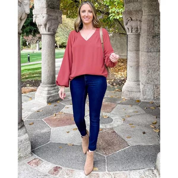 GRAPENT Womens Business Causal Tops for Women Ladies Work Blouses Dressy Long Sleeve Pleated V NeckCranberry