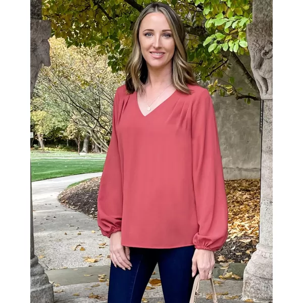 GRAPENT Womens Business Causal Tops for Women Ladies Work Blouses Dressy Long Sleeve Pleated V NeckCranberry