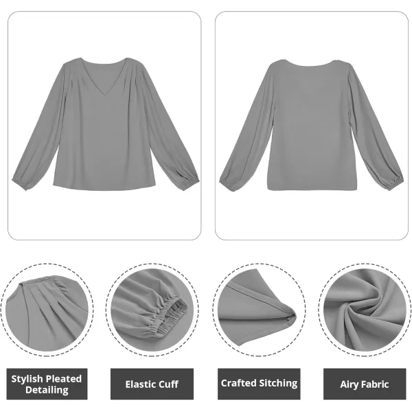 GRAPENT Womens Business Causal Tops for Women Ladies Work Blouses Dressy Long Sleeve Pleated V NeckGlacier Grey
