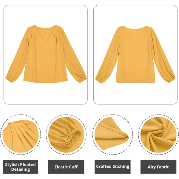 GRAPENT Womens Business Causal Tops for Women Ladies Work Blouses Dressy Long Sleeve Pleated V NeckGolden Glow