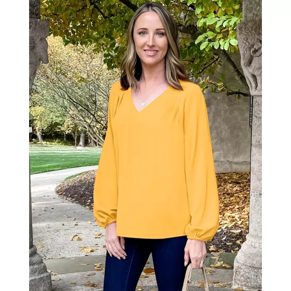 GRAPENT Womens Business Causal Tops for Women Ladies Work Blouses Dressy Long Sleeve Pleated V NeckGolden Glow