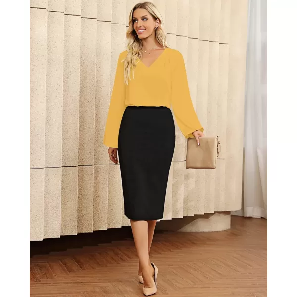GRAPENT Womens Business Causal Tops for Women Ladies Work Blouses Dressy Long Sleeve Pleated V NeckGolden Glow