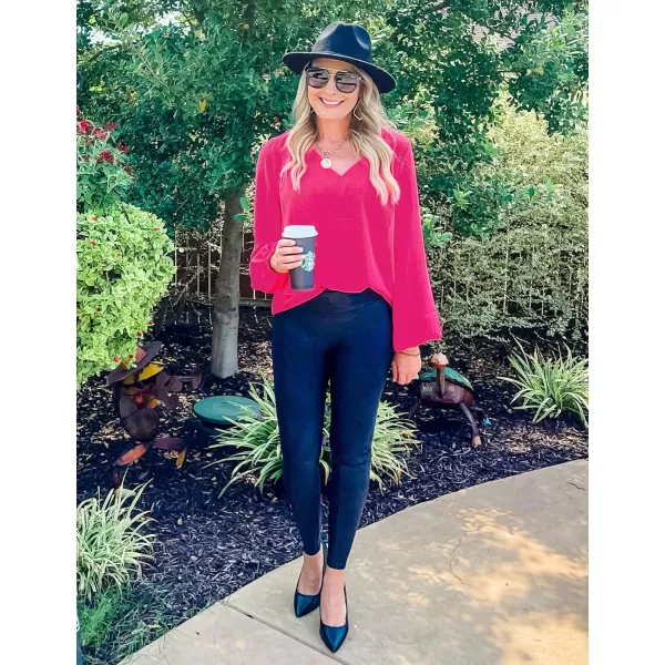 GRAPENT Womens Business Causal Tops for Women Ladies Work Blouses Dressy Long Sleeve Pleated V NeckHot Pink