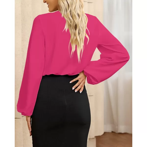 GRAPENT Womens Business Causal Tops for Women Ladies Work Blouses Dressy Long Sleeve Pleated V NeckHot Pink