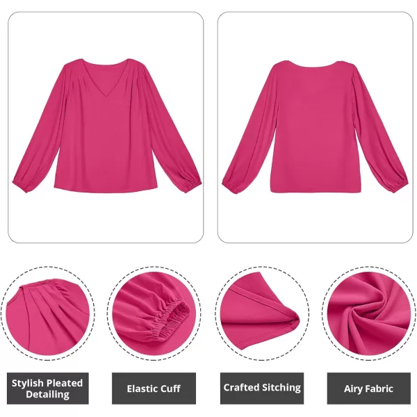 GRAPENT Womens Business Causal Tops for Women Ladies Work Blouses Dressy Long Sleeve Pleated V NeckHot Pink