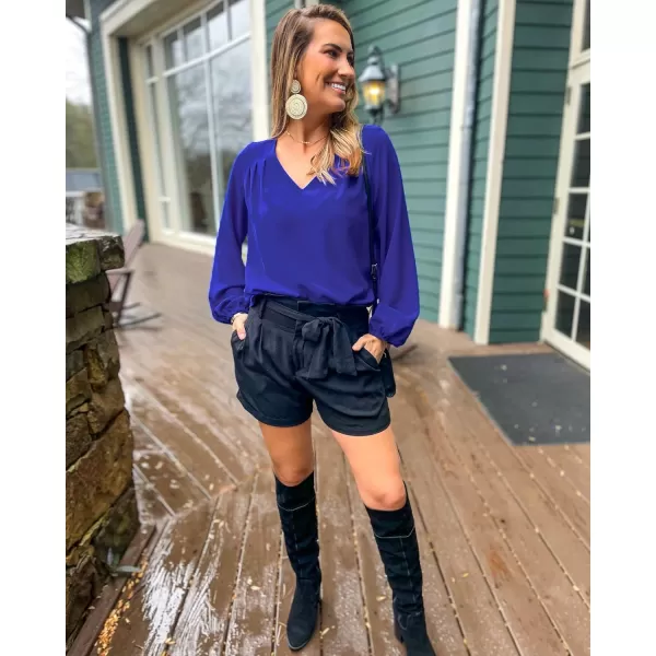 GRAPENT Womens Business Causal Tops for Women Ladies Work Blouses Dressy Long Sleeve Pleated V NeckNavy Blue
