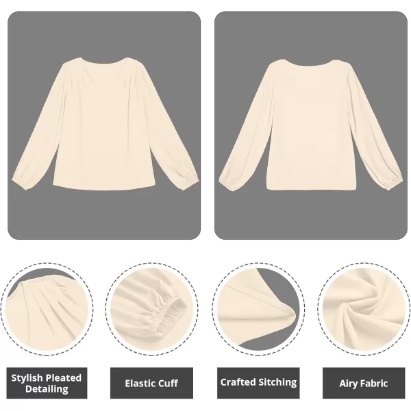 GRAPENT Womens Business Causal Tops for Women Ladies Work Blouses Dressy Long Sleeve Pleated V NeckPearled Ivory