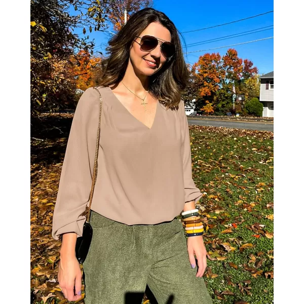 GRAPENT Womens Business Causal Tops for Women Ladies Work Blouses Dressy Long Sleeve Pleated V NeckTan