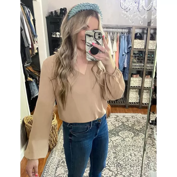 GRAPENT Womens Business Causal Tops for Women Ladies Work Blouses Dressy Long Sleeve Pleated V NeckTan