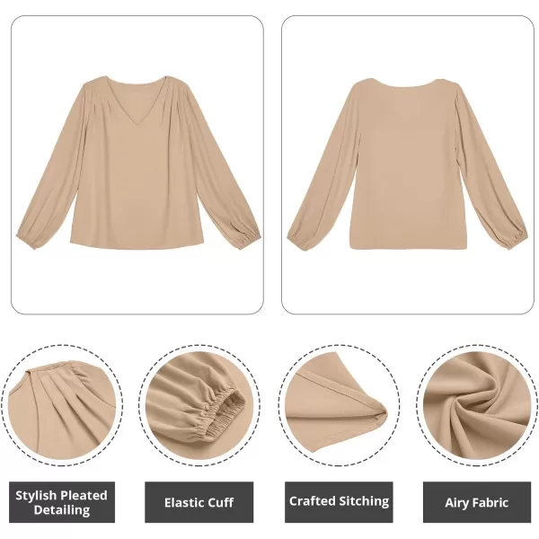 GRAPENT Womens Business Causal Tops for Women Ladies Work Blouses Dressy Long Sleeve Pleated V NeckTan