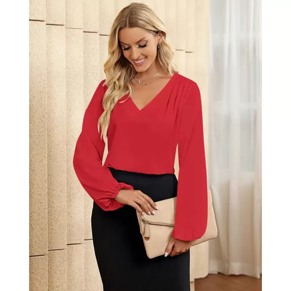 GRAPENT Womens Business Causal Tops for Women Ladies Work Blouses Dressy Long Sleeve Pleated V NeckTrue Red
