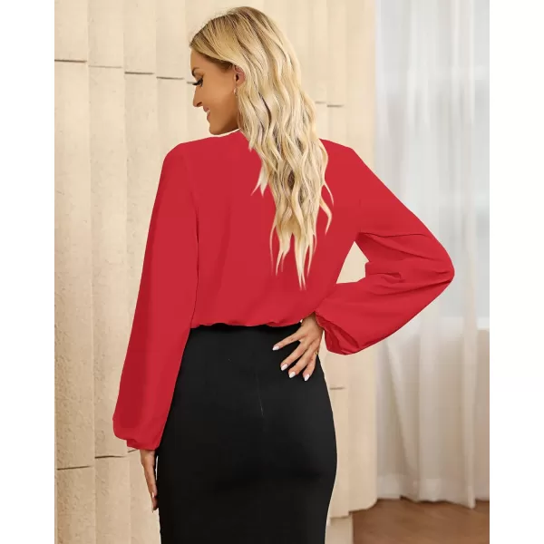 GRAPENT Womens Business Causal Tops for Women Ladies Work Blouses Dressy Long Sleeve Pleated V NeckTrue Red