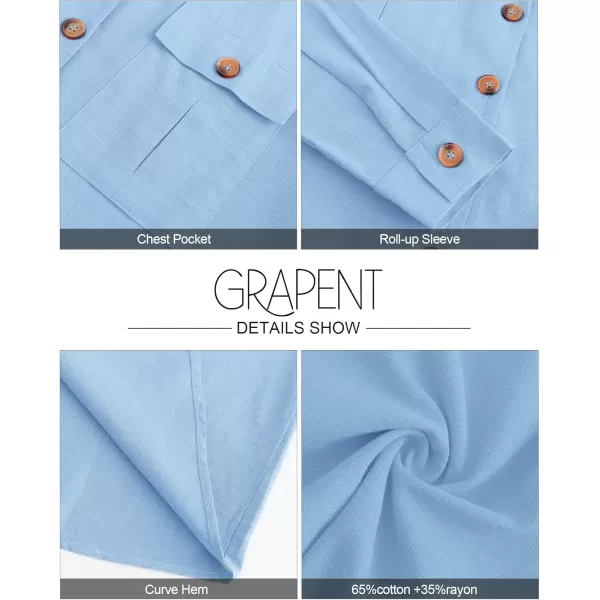 GRAPENT Womens Casual Loose Rollup Sleeve Blouse Pockets Button Down Shirts TopsBlue