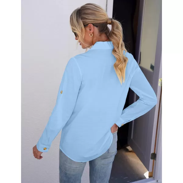 GRAPENT Womens Casual Loose Rollup Sleeve Blouse Pockets Button Down Shirts TopsBlue