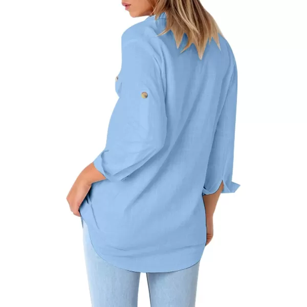 GRAPENT Womens Casual Loose Rollup Sleeve Blouse Pockets Button Down Shirts TopsBlue
