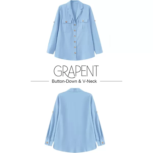 GRAPENT Womens Casual Loose Rollup Sleeve Blouse Pockets Button Down Shirts TopsBlue