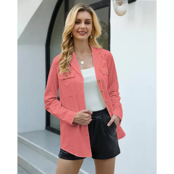 GRAPENT Womens Casual Loose Rollup Sleeve Blouse Pockets Button Down Shirts TopsCoral