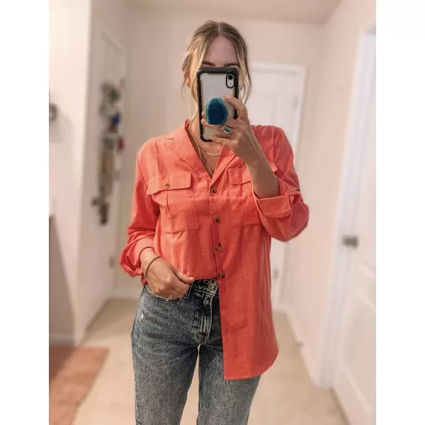 GRAPENT Womens Casual Loose Rollup Sleeve Blouse Pockets Button Down Shirts TopsCoral