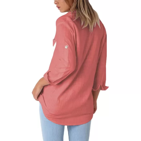 GRAPENT Womens Casual Loose Rollup Sleeve Blouse Pockets Button Down Shirts TopsCoral