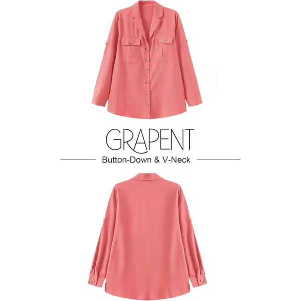 GRAPENT Womens Casual Loose Rollup Sleeve Blouse Pockets Button Down Shirts TopsCoral