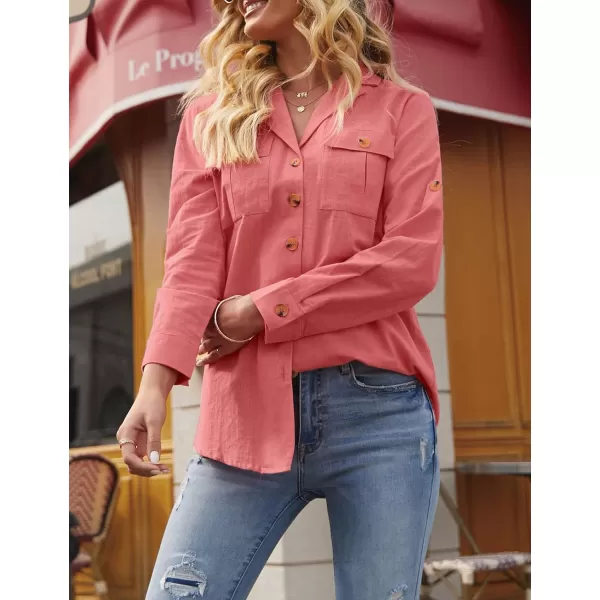 GRAPENT Womens Casual Loose Rollup Sleeve Blouse Pockets Button Down Shirts TopsCoral