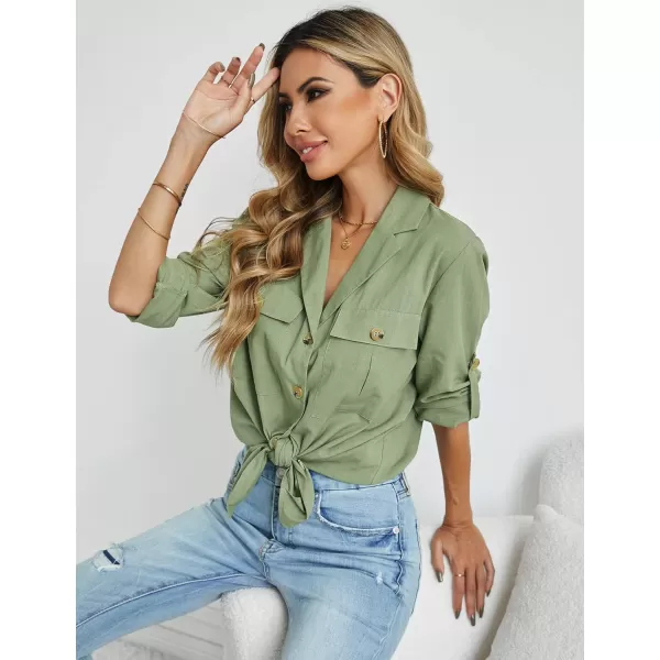 GRAPENT Womens Casual Loose Rollup Sleeve Blouse Pockets Button Down Shirts TopsJade Green