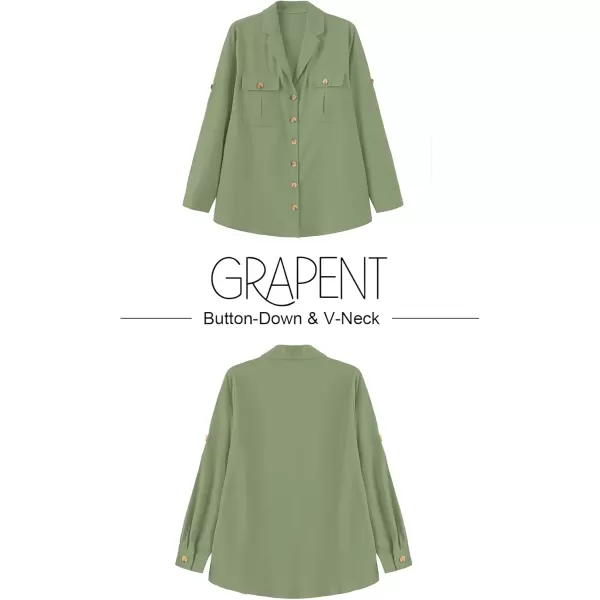 GRAPENT Womens Casual Loose Rollup Sleeve Blouse Pockets Button Down Shirts TopsJade Green