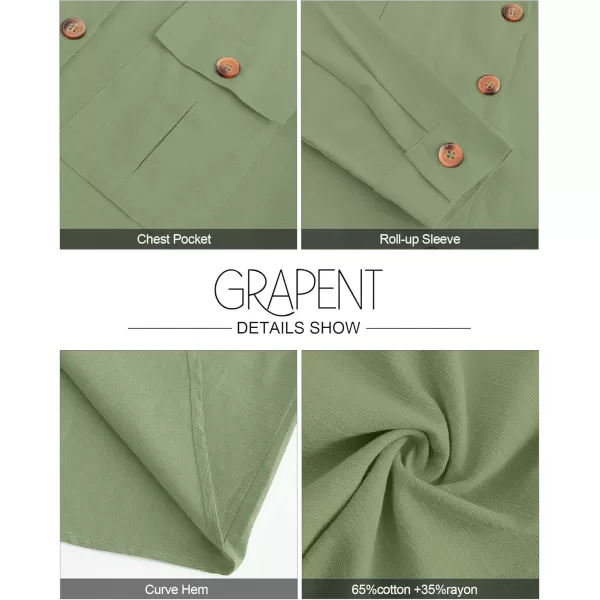 GRAPENT Womens Casual Loose Rollup Sleeve Blouse Pockets Button Down Shirts TopsJade Green