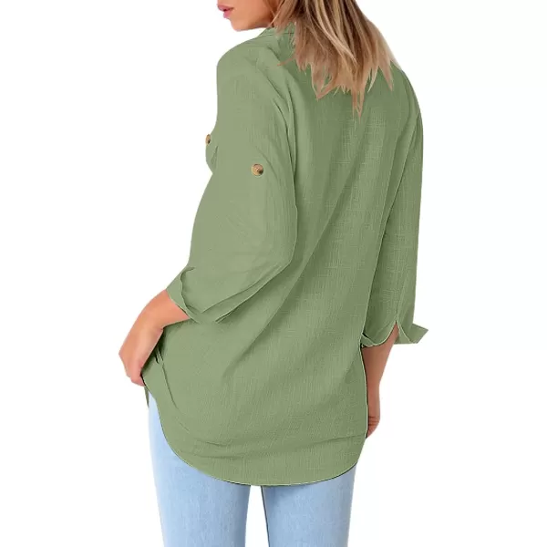 GRAPENT Womens Casual Loose Rollup Sleeve Blouse Pockets Button Down Shirts TopsJade Green