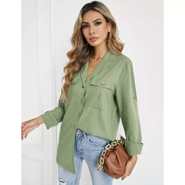 GRAPENT Womens Casual Loose Rollup Sleeve Blouse Pockets Button Down Shirts TopsJade Green