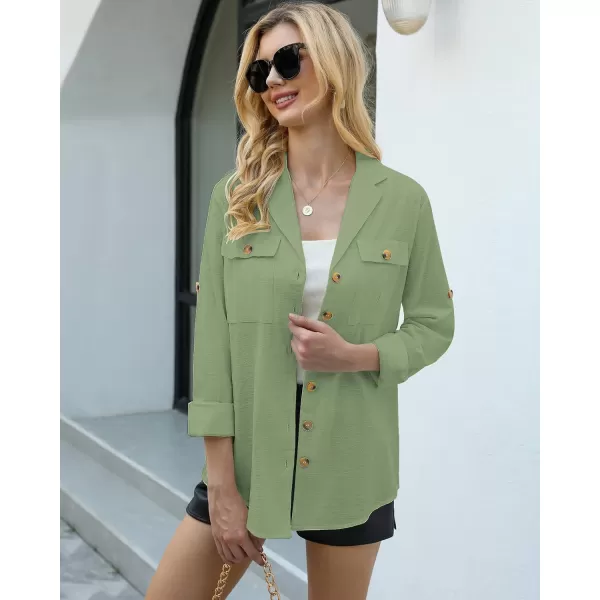 GRAPENT Womens Casual Loose Rollup Sleeve Blouse Pockets Button Down Shirts TopsJade Green