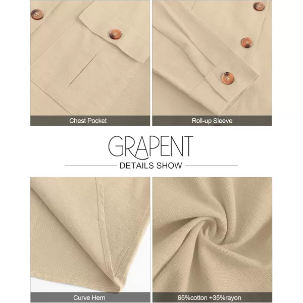 GRAPENT Womens Casual Loose Rollup Sleeve Blouse Pockets Button Down Shirts TopsKhaki