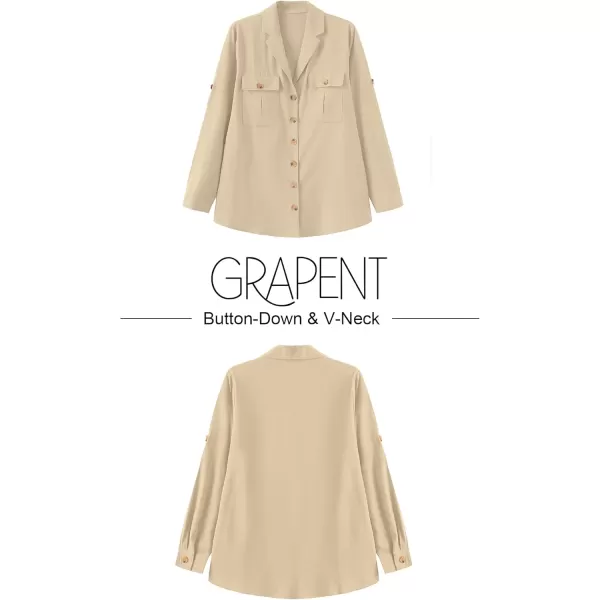 GRAPENT Womens Casual Loose Rollup Sleeve Blouse Pockets Button Down Shirts TopsKhaki