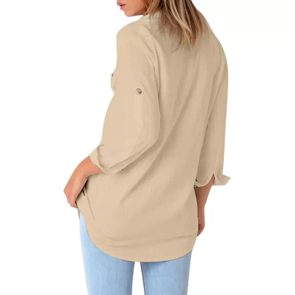 GRAPENT Womens Casual Loose Rollup Sleeve Blouse Pockets Button Down Shirts TopsKhaki