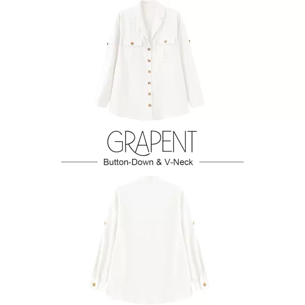 GRAPENT Womens Casual Loose Rollup Sleeve Blouse Pockets Button Down Shirts TopsWhite