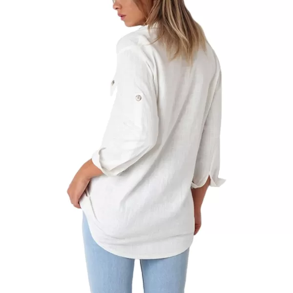 GRAPENT Womens Casual Loose Rollup Sleeve Blouse Pockets Button Down Shirts TopsWhite