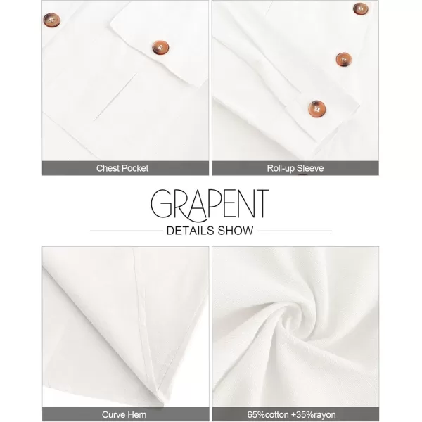 GRAPENT Womens Casual Loose Rollup Sleeve Blouse Pockets Button Down Shirts TopsWhite