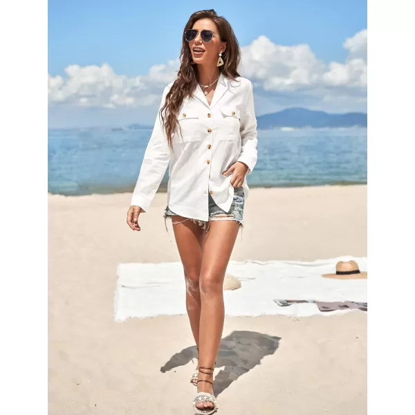 GRAPENT Womens Casual Loose Rollup Sleeve Blouse Pockets Button Down Shirts TopsWhite