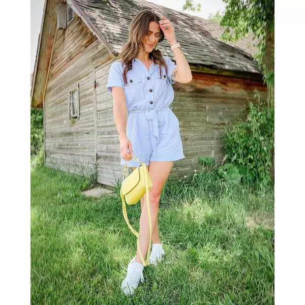 GRAPENT Womens Summer Short Sleeve Button Down Pockets Belted Jumpsuits RompersAiry Blue