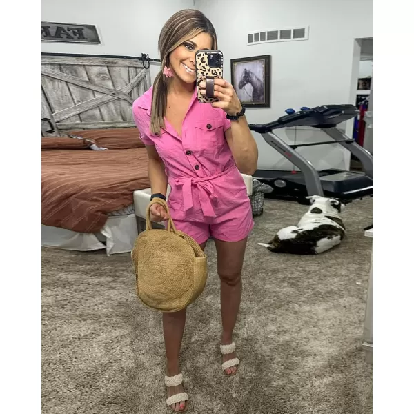 GRAPENT Womens Summer Short Sleeve Button Down Pockets Belted Jumpsuits RompersAurora Pink
