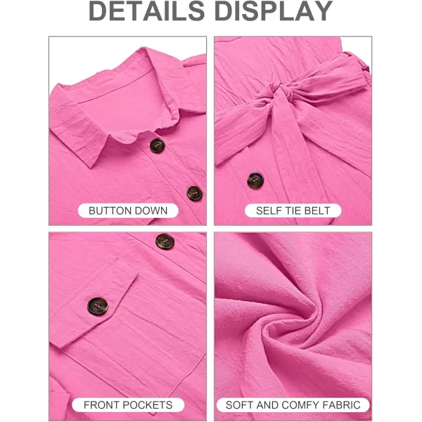 GRAPENT Womens Summer Short Sleeve Button Down Pockets Belted Jumpsuits RompersAurora Pink
