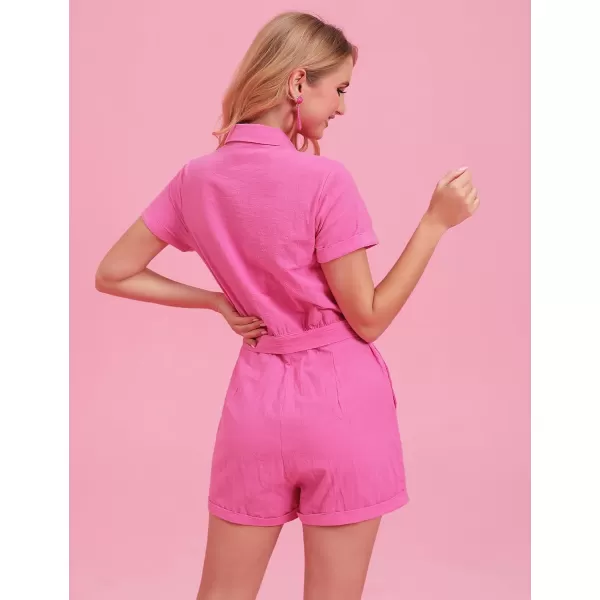 GRAPENT Womens Summer Short Sleeve Button Down Pockets Belted Jumpsuits RompersAurora Pink