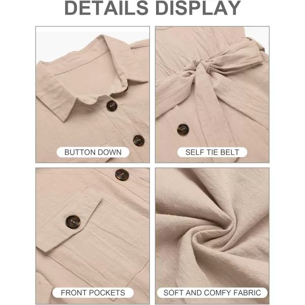 GRAPENT Womens Summer Short Sleeve Button Down Pockets Belted Jumpsuits RompersBeige